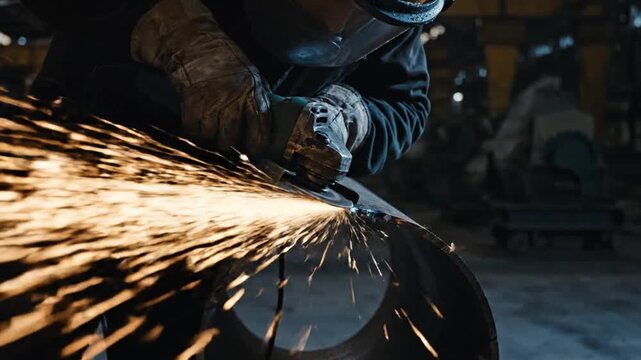 cinematic night construction site worker cutting steel pipe with angle grinder protective mask and gloves bright sparks in slow motion dark industrial factory scene handheld camera shallow depth of fi