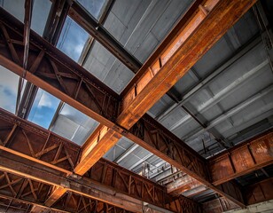 Fototapeta premium Rusty, geometric steel beams frame a glimpse of sky through a roof