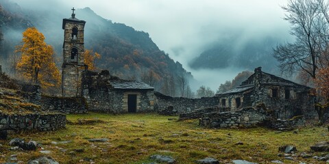 Ancient stone church and houses emerging from fog in a deserted mountain village