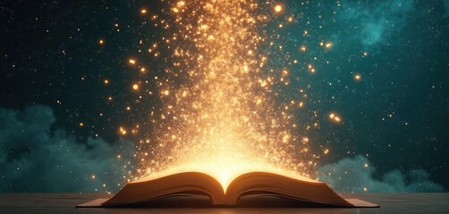 Fototapeta premium Open book emits glowing particles into dark sky. Magical light bursts upward from pages. Fantasy story unfolds creating wondrous illumination. Knowledge sparks adventure in imagination.