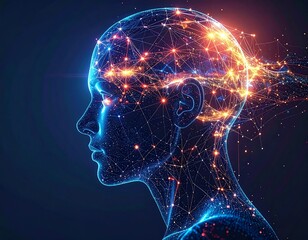 Illuminated human profile, representing thought and neural connections