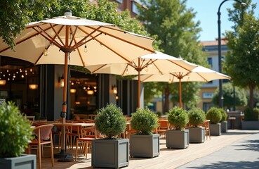 Fototapeta premium Empty cafe terrace with beige umbrellas and glowing bulbs offers outdoor seating. Tables and chairs wait for patrons in potted green plants on a sunny day, inviting relaxation and dining.