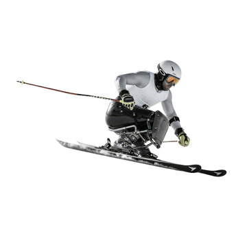 Adaptive para skier carving a controlled turn using sit-ski equipment, showcasing inclusive winter sports skill and athletic precision on a transparent background.