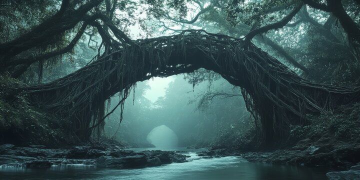 Living root bridges creating a natural arch over a river in a mystical forest