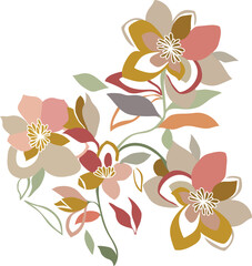 Chic abstract floral illustration in trendy earth tones. This retro-inspired boho flower bouquet adds elegance to wedding invites, textiles, and branding. A unique modern botanical design element
