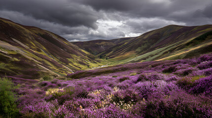 Obraz premium grampian. A vast landscape of mountains covered in blooming purple heather under a moody sky. travel magazines, destination branding, designed for travel destination branding, used by photographers.