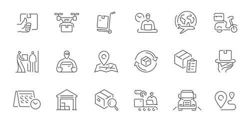 Delivery set of icons in line style. Fast shipping, tracking order linear symbols collection. Logistics service concept