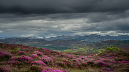 grampian. A vast landscape of mountains covered in blooming purple heather under a moody sky. travel magazines, destination branding, designed for travel destination branding, used by photographers.