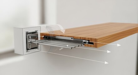 Crosssection animation of a floating shelf slotting onto a hidden bracket illustrating internal support structure for secure mounting solutions.