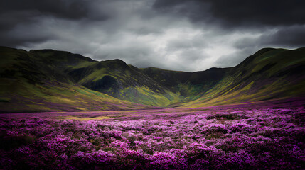 Obraz premium grampian. A vast landscape of mountains covered in blooming purple heather under a moody sky. travel magazines, destination branding, designed for travel destination branding, used by photographers.