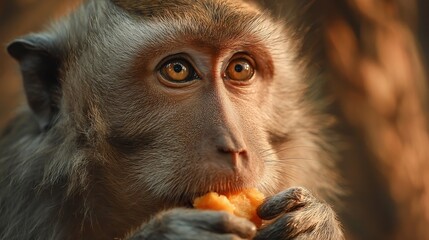 Obraz premium Close-up of a monkey eating a piece of fruit, showcasing its expressive eyes and detailed fur in warm lighting.
