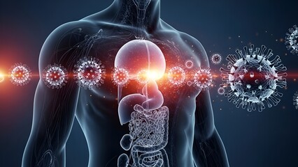 Anatomical representation of virus attacking a body, indicating the spread of a viral infection