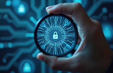 Magnifying glass inspects digital security system with padlock icon. Person checks online data, cyber protection, financial privacy. Computer network access, identity verification.