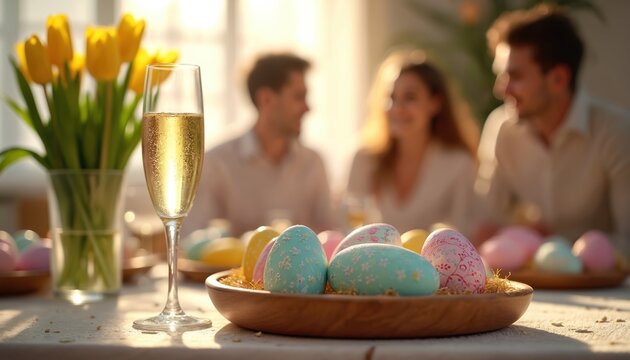 Easter celebration with decorated eggs on table. Family blurred in background drinks champagne and enjoys festive meal. Yellow tulips in vase complete spring decor.