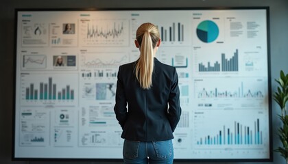 Woman in suit studies complex data on large wall chart. Graphs and statistics on a big screen show business growth. She analyzes figures, preparing for a strategic decision in the office.