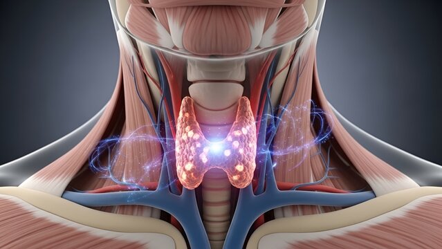Detailed 3D medical illustration showcasing the human thyroid gland and surrounding anatomical