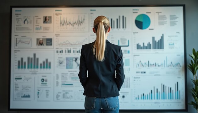 Woman in suit studies complex data on large wall chart. Graphs and statistics on a big screen show business growth. She analyzes figures, preparing for a strategic decision in the office. - Powered by Adobe