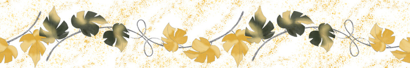 Garland of grape branches. Seamless floral pattern of yellow and moss colors on a background of yellow splashes. Digital drawing.