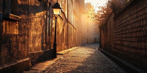 Sun illuminating empty cobblestone alley in european city at sunrise