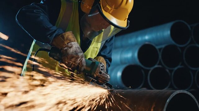 dark industrial construction site at night worker in safety gear operating angle grinder on thick steel pipe flying sparks slow motion rows of metal pipes cinematic lighting contrast orange and blue h