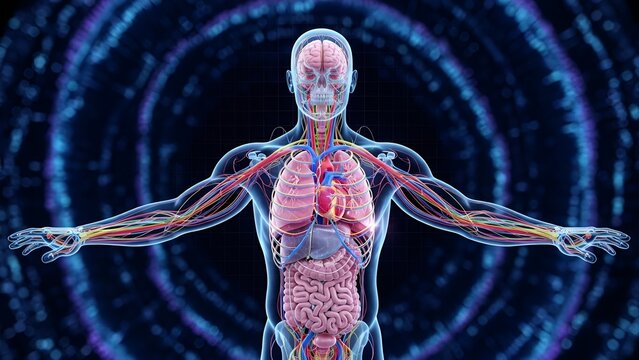Detailed human body anatomy and organ system display with dynamic digital background rings