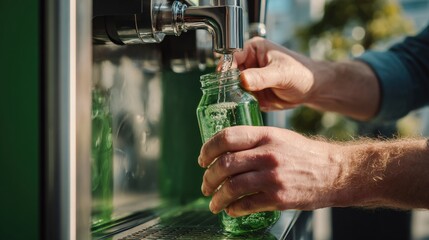 Refilling Reusable Glass Bottle at Eco-Friendly Water Station.