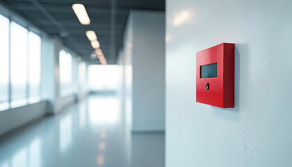 Red fire alarm panel mounted on white wall inside modern office hallway. Safety device offers alert and monitoring. Emergency system essential for building.
