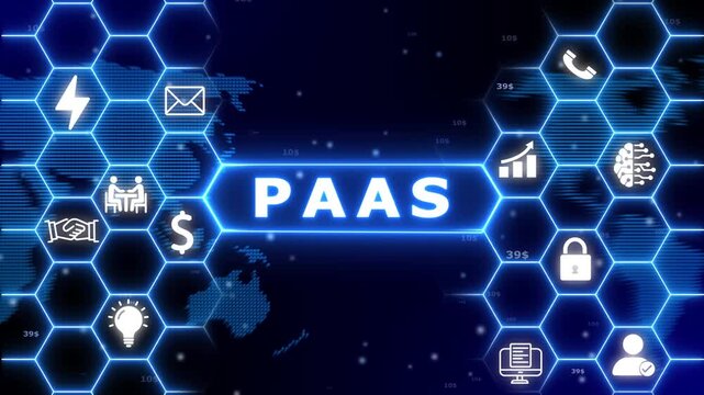 Platform as a Service concept with glowing blue hexagons and map background representing digital infrastructure and cloud services
