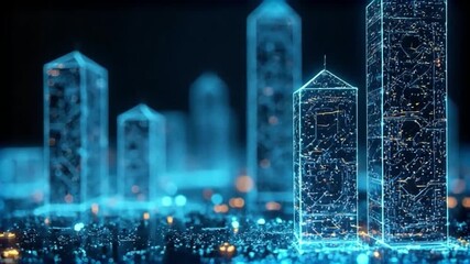 Futuristic cityscape with wireframe skyscrapers and digital network. - Powered by Adobe
