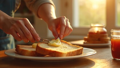 Hands spread butter on toast for breakfast meal. Bread slice ready for jam or honey spread. Morning sun shines on kitchen table with toast stack and juice.
