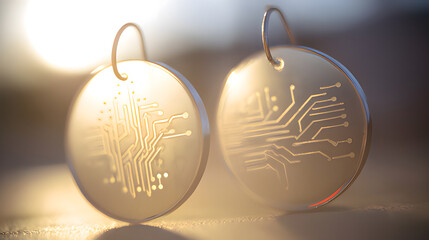 materialization. Elegant minimalist earrings with glowing embedded circuit pattern, fusion of fashion and technology. symbolizing technological progress and responsible innovation.