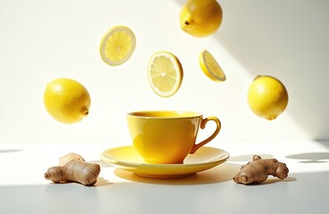 Yellow cup with lemon and ginger elements. Fresh citrus fruits float near ceramic mug and root spice. Bright background with shadows for refreshing drink ad.