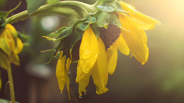 laurate. Sunflower drooping after a storm with rain droplets on its petals. gardening catalogs, home-decor guides, designed for home decor and floral branding, celebrates nature.