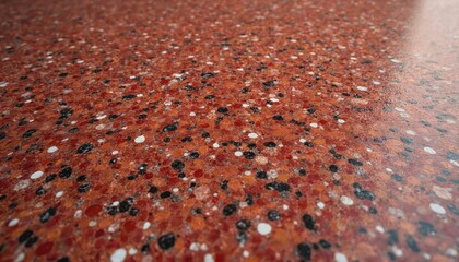 Red terrazzo surface with visible stone aggregate. A textured abstract pattern of small pebbles and chips in a binder. This material is polished and smooth.