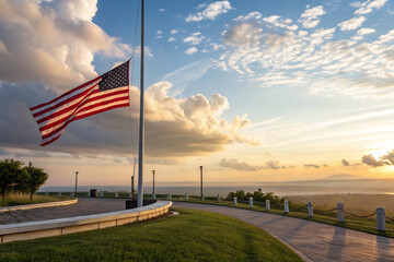 Fototapeta premium American flag waving on a hilltop against the sky