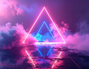 Neon triangles glowing with vaporous clouds and a reflective surface