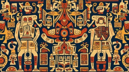 Obraz premium Stylized Humanoid Figures in a Traditional Peruvian Pattern.