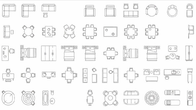 Furniture Outline Top View Icons Set Thin Line Floor Plan Symbols for Interior Design