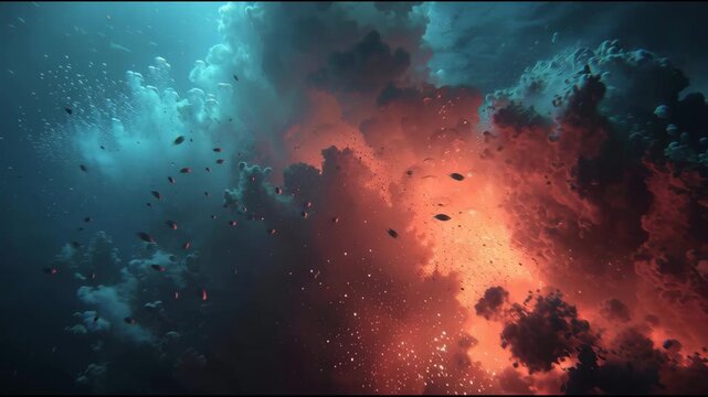 Realistic underwater footage of a volcano eruption explosions