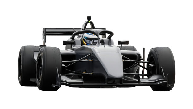 A powerful gray formula race car, embodying the dynamic spirit of winter sport, is isolated on a clean white background.