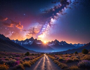 Majestic mountains dominate a starlit scene at sunset