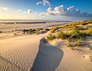 Sandy dune and shoreline on a sunlit day, with fluffy clouds