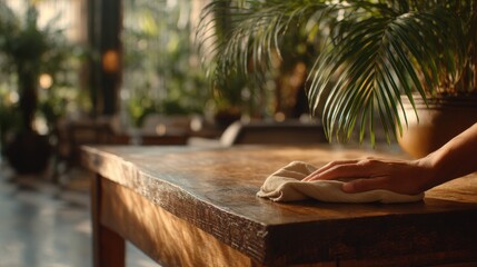 Eco-Friendly Hotel Housekeeping with Sustainable Wooden Table Cleaning in Tropical Resort.