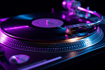 Neon DJ Turntable with Vinyl Record AI generative