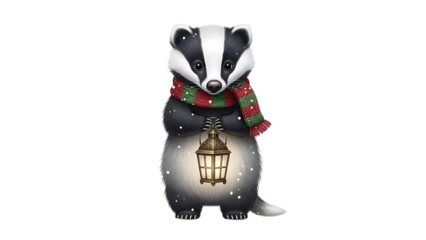 Cute badger wearing striped scarf holding glowing lantern in snow animal cartoon