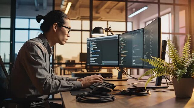 Male programmer codes on multiple monitors in modern office workspace with natural light. Software developer writes code on dual screen setup at desk. Man developer works on programming project using