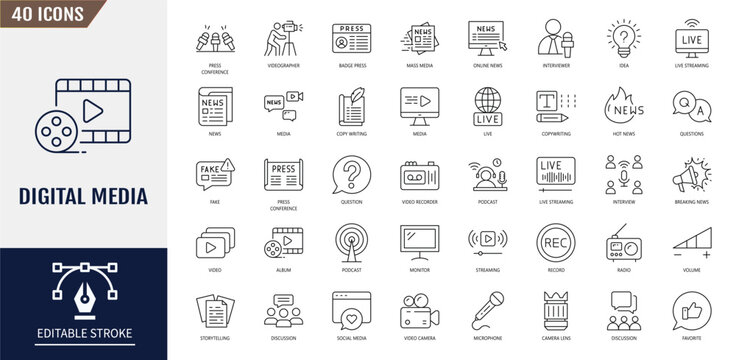 Digital media icon set. Journalist, news, microphone, interview, reporter, podcast, press badge, newspaper, radio and more. Vector illustration