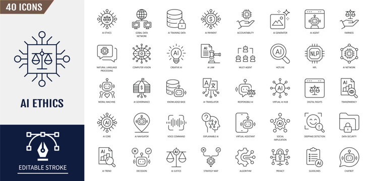 AI ethics icon set. Data privacy, guidelines, artificial intelligence, ethical dilemma, bias detection and more. Vector illustration