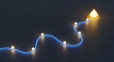 A glowing golden pyramid-shaped object connected by a winding, illuminated blue line with spaced out light orbs on a dark background