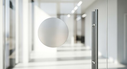 A blurry bright modern office corridor seen through a partially frosted glass door with a chrome handle
